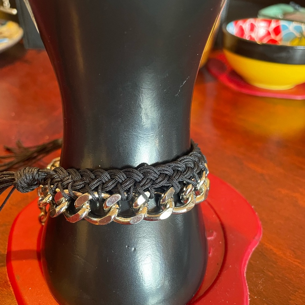 Classy silver chain and black cord bracelet. 7”